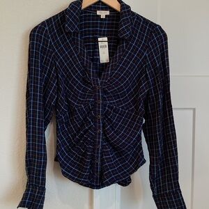 Anthropologie Pilcro Plaid V-Neck Long-Sleeve Blouse NWT Navy XXS